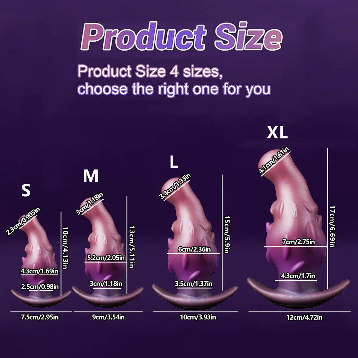 Unisex liquid silicone masturbator adult toy in purple, gold, or black, shown in S, M, L, XL size options.