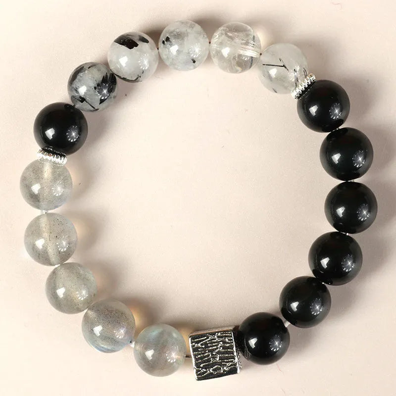 Chinese-style geometric polished crystal couple bracelet with 10mm bead size in khaki colour