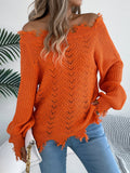 White hollow-out cut off shoulder pullover sweater with long sleeves on hanger