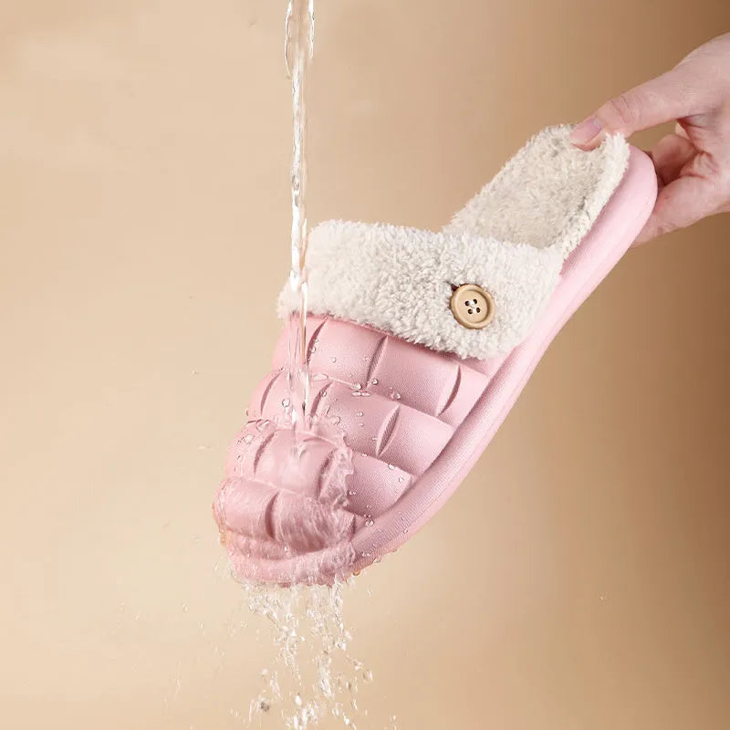 Women's EVA detachable slippers with plush lining in pink, green, yellow, white, grey, or black.