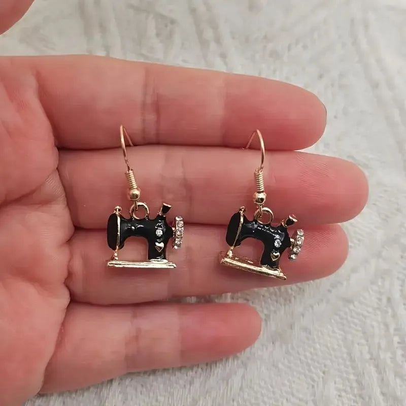 Vintage stereo sewing machine earrings with oil drip finish in black alloy for casual wear