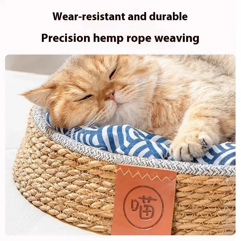Rattan cat bed cage nest in natural material with woven construction and washable cover