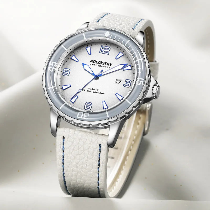 Casual digital men's quartz watch with 45mm round dial, calendar, mineral glass, and spiral crown on light background