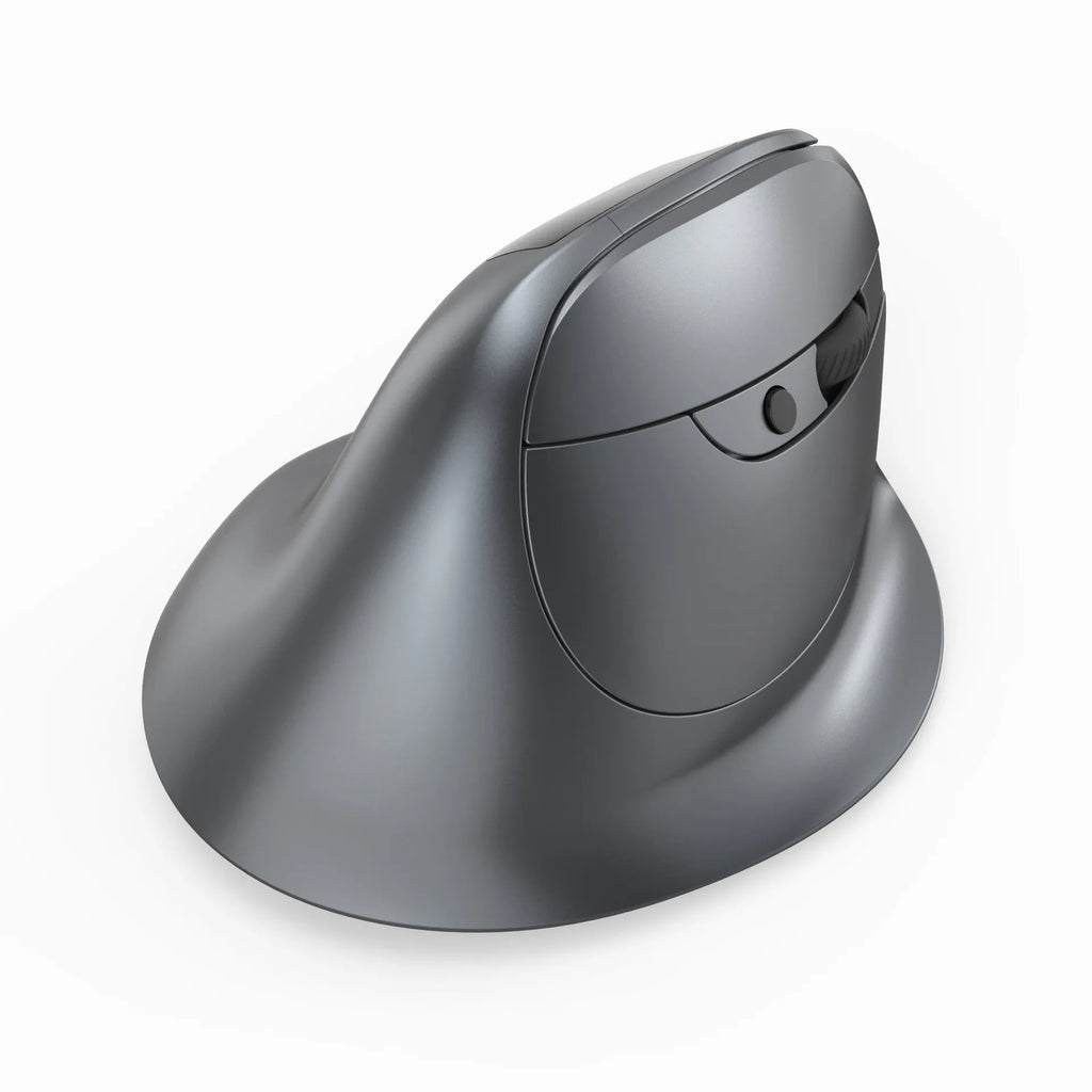 Grey vertical handheld grip Bluetooth wireless mouse for laptops on a desk.