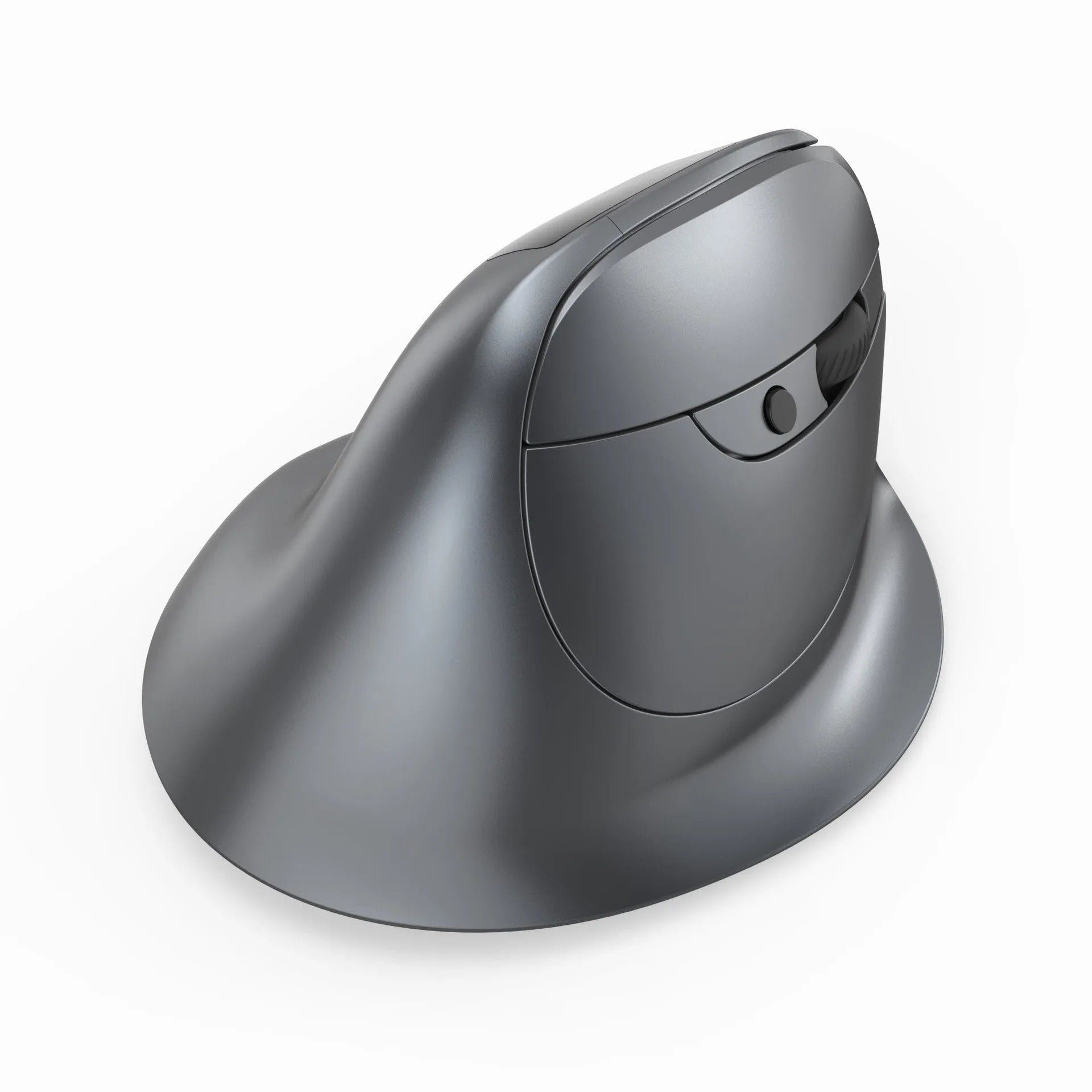 Grey vertical handheld grip Bluetooth wireless mouse for laptops on a desk.