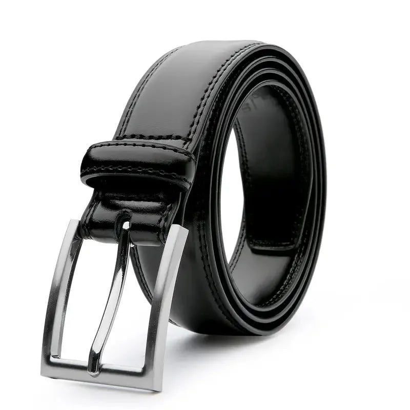 Men's brown genuine leather casual belt with alloy buckle showing 95-grain texture
