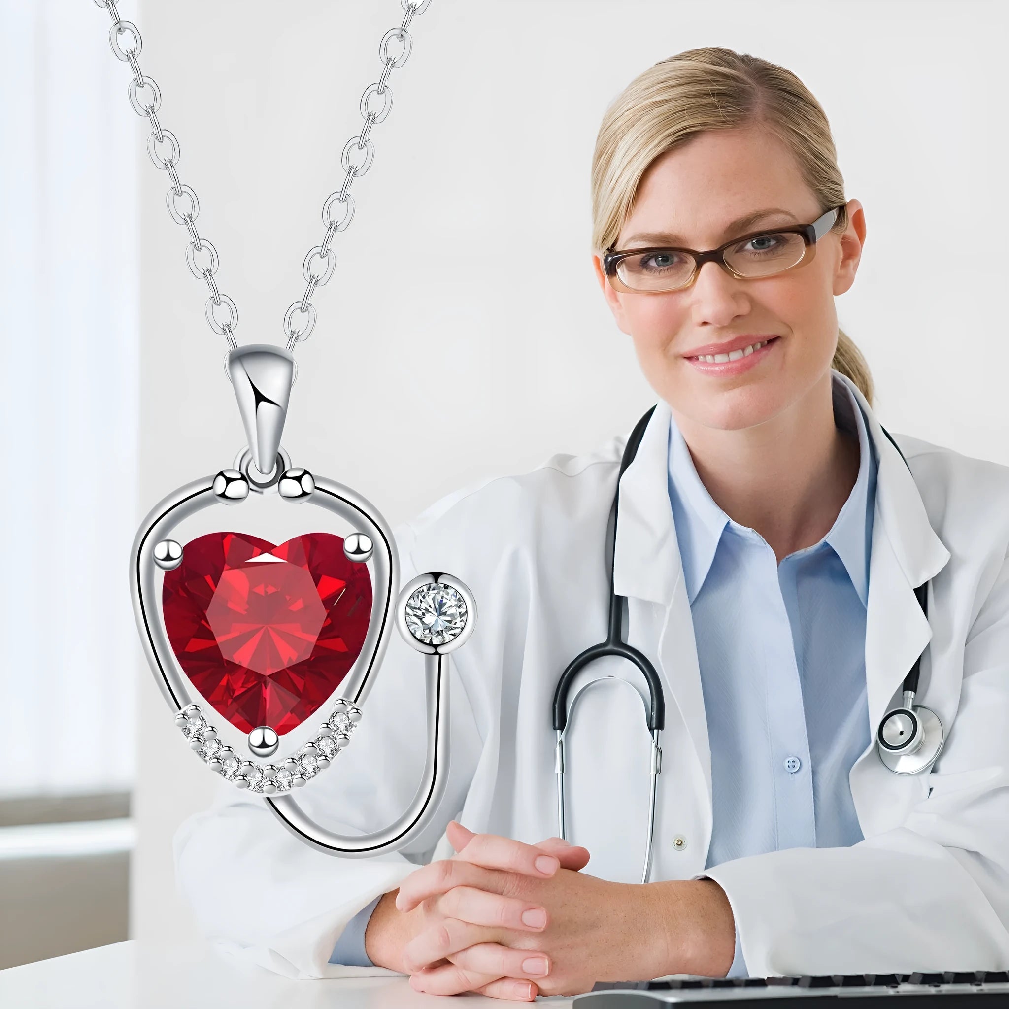 Red diamond women's stethoscope necklace with fashion wings cross design on copper with electroplated finish