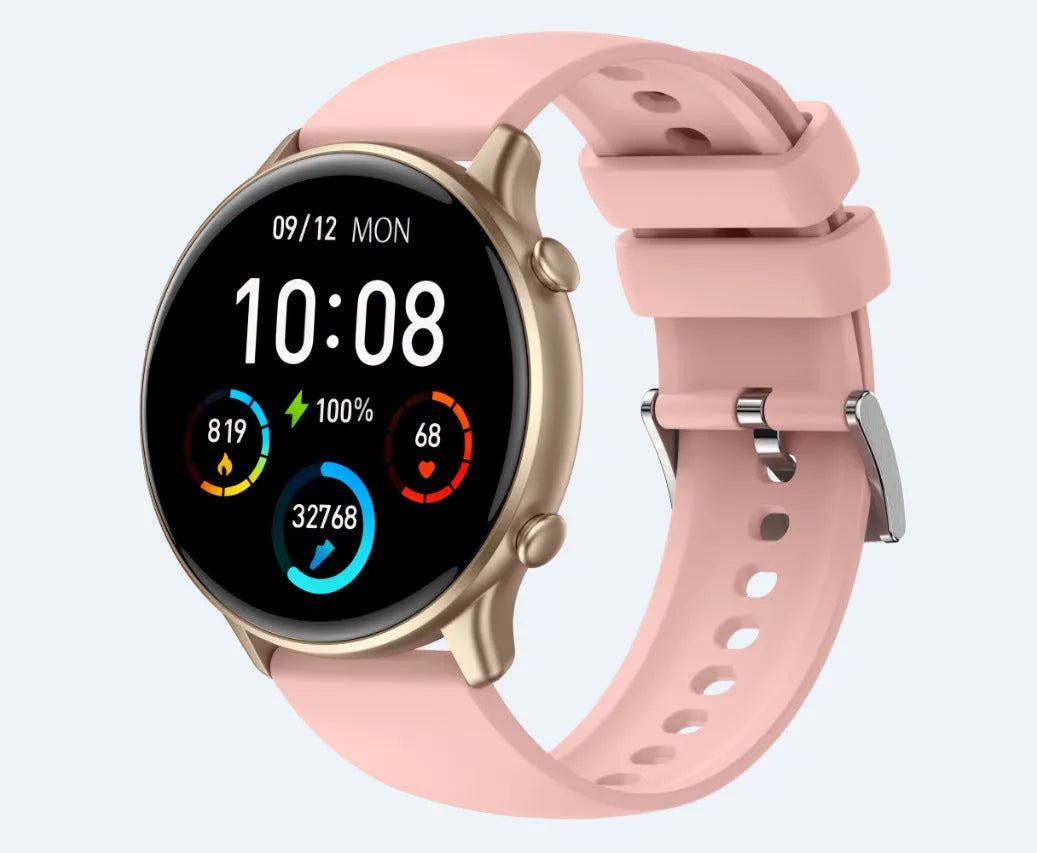Round touch screen smart sports watch with silicone strap showing heart rate monitoring display