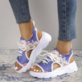 Print lace-up sports sandals with mesh upper, peep toe, hollow back, and rubber sole in summer casual style