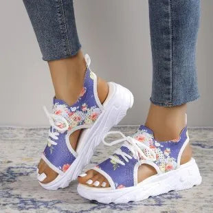 Print lace-up sports sandals with mesh upper, peep toe, hollow back, and rubber sole in summer casual style