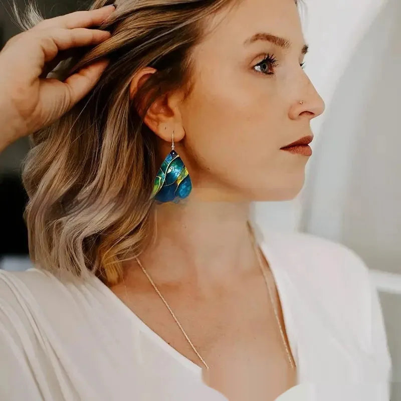 Geometric flat branch knot drop earrings with printed patterns on acrylic material