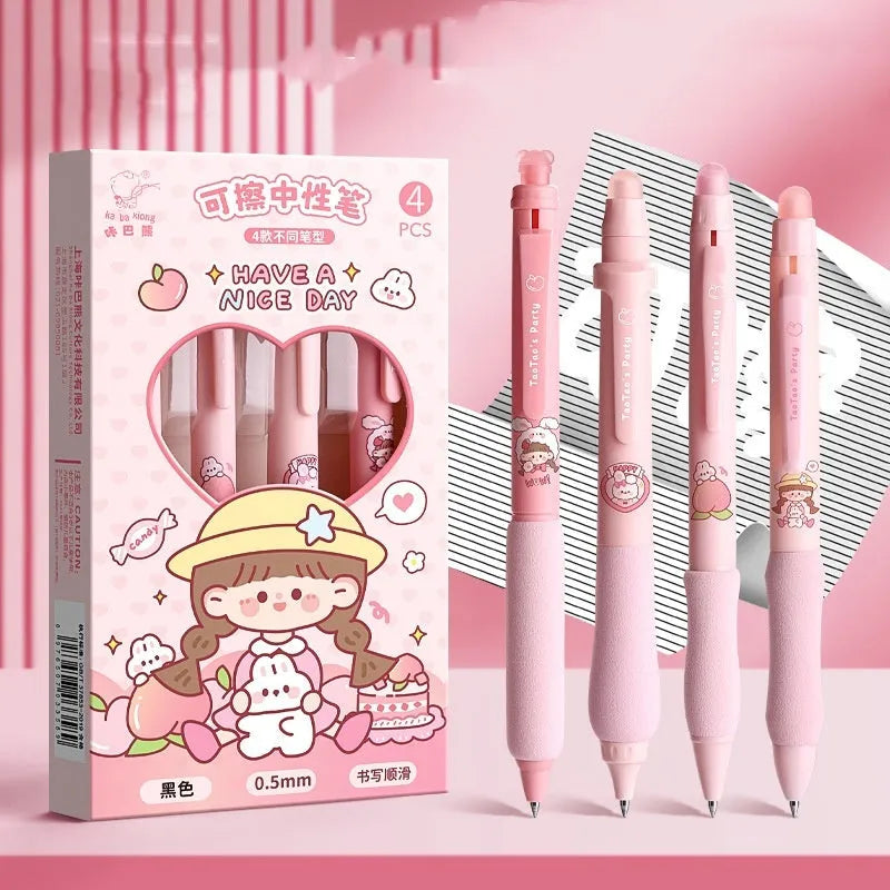 Cartoon-themed erasable gel pen with 0.5mm tip showing character designs and black or blue ink options