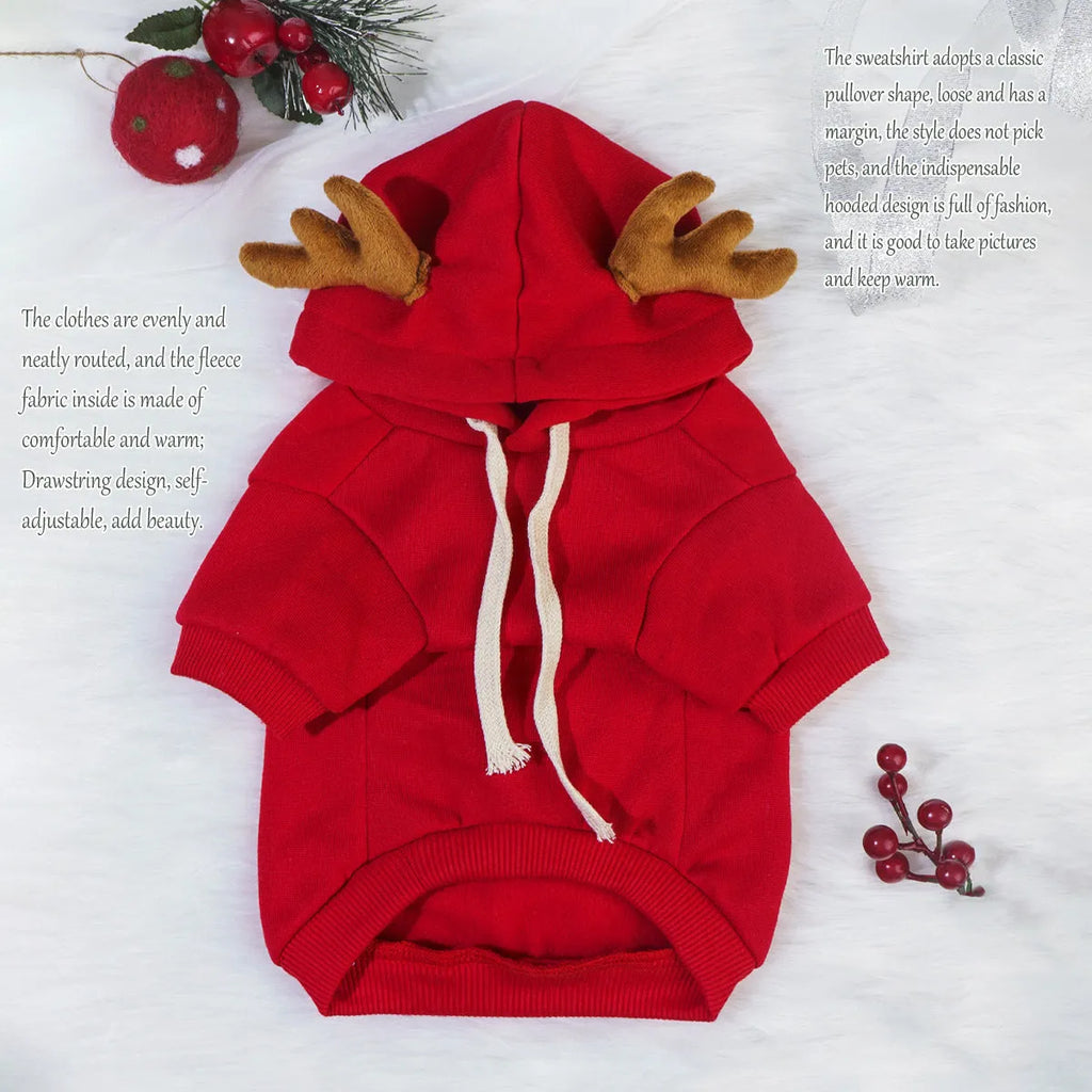 Red polyester cotton elk-themed pet costume for Halloween or Christmas, available in multiple sizes