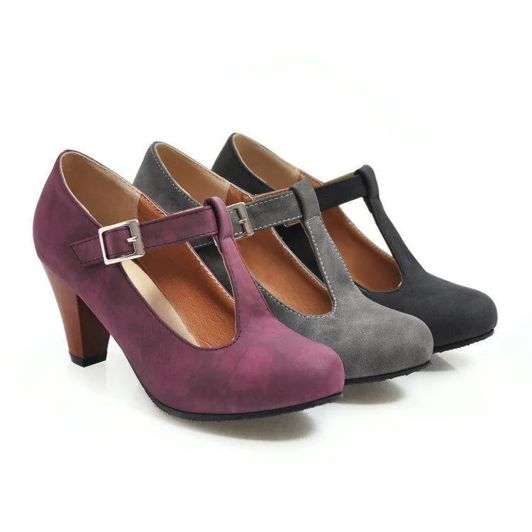 Women's suede T-strap buckle heels in black, gray, purple with round toe and 6-8cm high heel