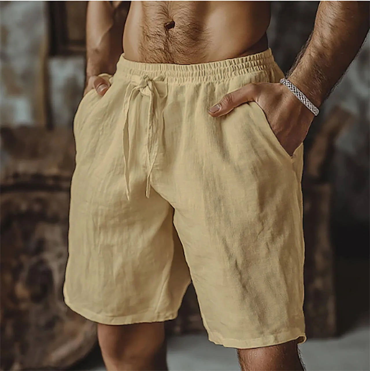 Men's straight-leg cotton linen casual shorts in grey, showing the British style and fit.