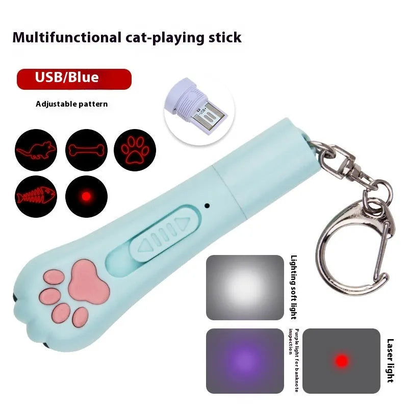 Plastic cat teasing stick with laser functions and moonlight lamp in blue colour option