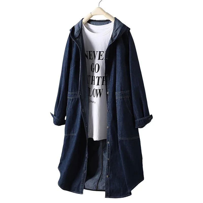 Solid colour hooded denim top in denim blue with large front pocket and long sleeves