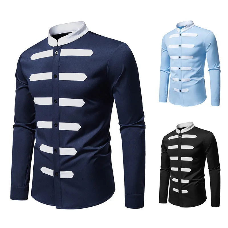 Men's slim fit casual long sleeve shirt in black, light blue, or navy blue made from polyester fabric