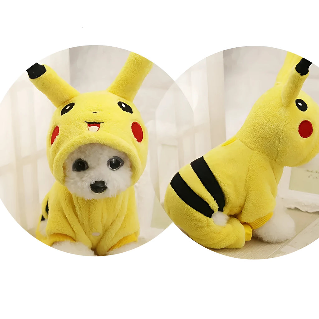 Fleece hooded pet coat for dog or cat in cartoon cosplay design on a mannequin