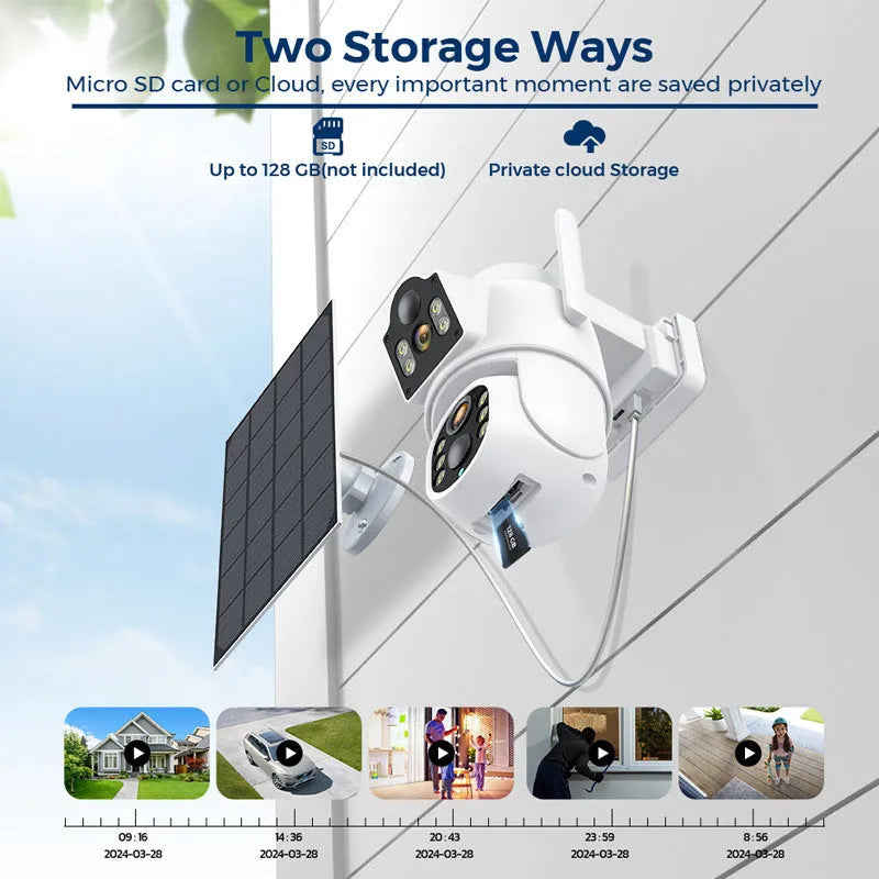 White outdoor solar security camera with attached solar panel for wireless home surveillance