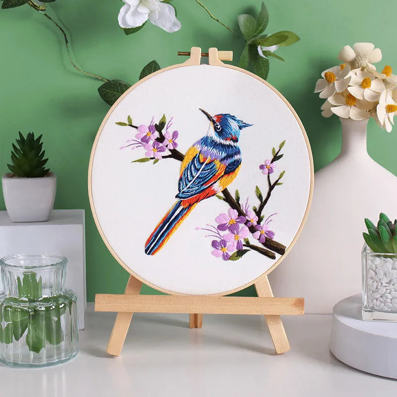 Flower and bird hanging painting embroidery DIY kit with chintz fabric, threader, scissors, and 20cm bamboo frame