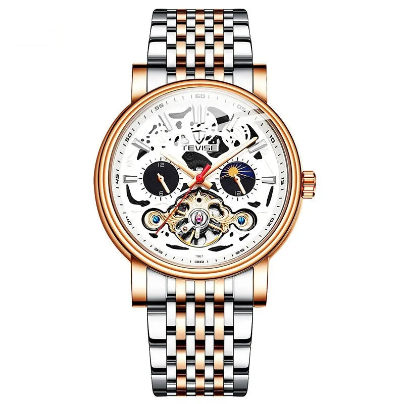 Men's black dial mechanical tourbillon watch with luminous hands on a stainless steel bracelet.