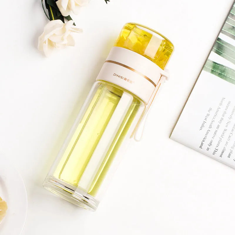 Double wall glass water bottle with tea infuser filter, leakproof, high borosilicate, stainless steel strainer, portable rope, 400ml