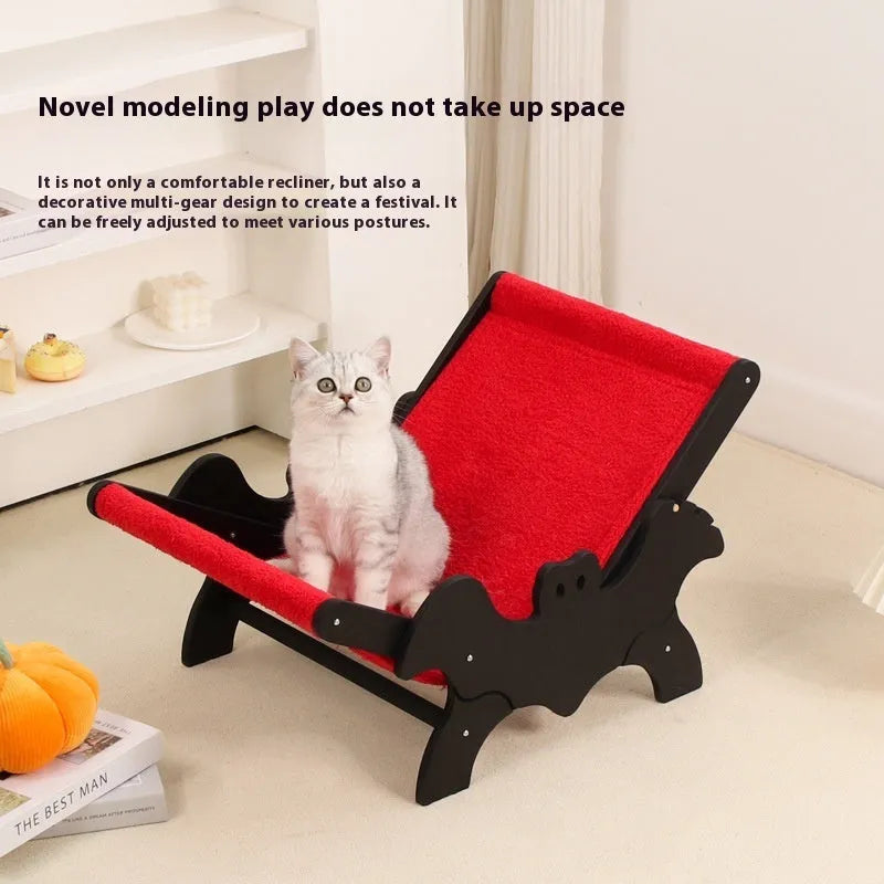Wooden cat lounge chair with scratching posts and cage enclosure featuring a Halloween bat design in black and red.