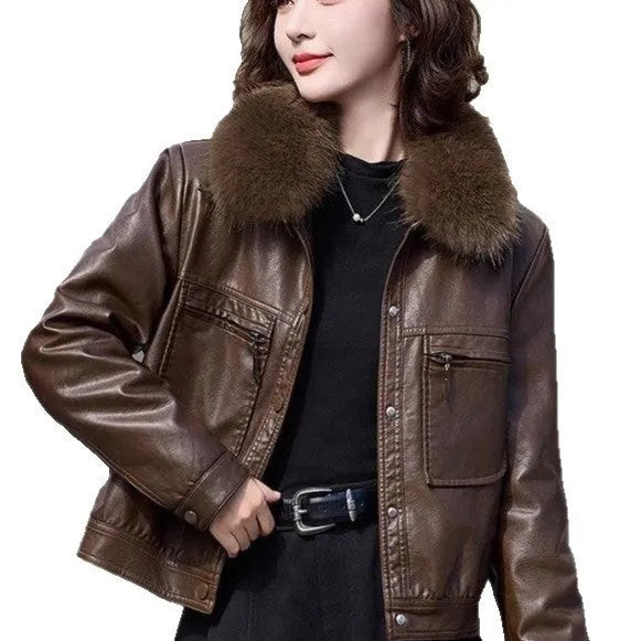 Women's fleece-lined thickened PU leather Western style short lapel coat in black with conventional sleeves