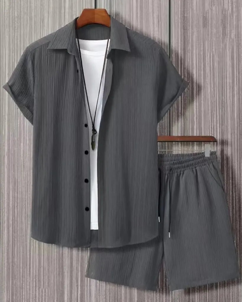 Men's jacquard pattern short sleeve shirt and matching shorts suit set in neutral colour