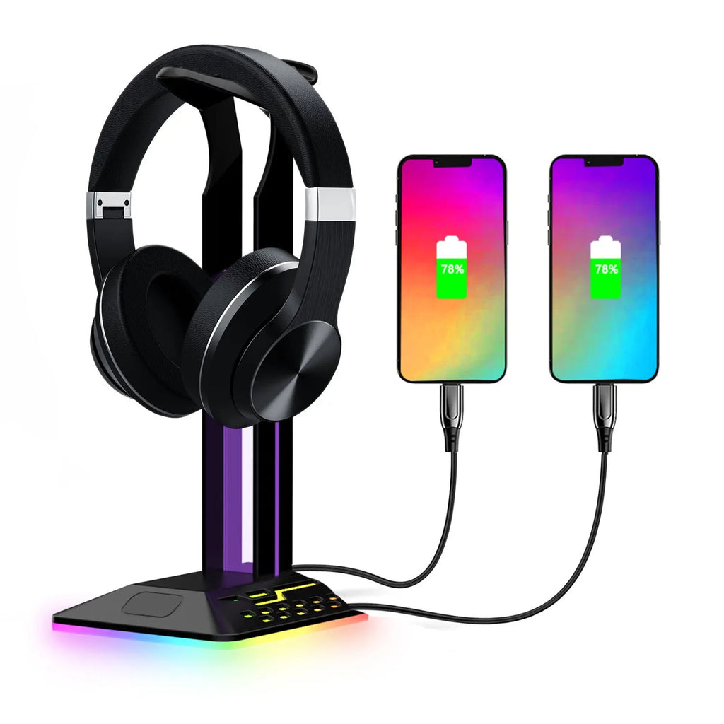 RGB colour changing headset bracket with dual USB ports and headphone holder