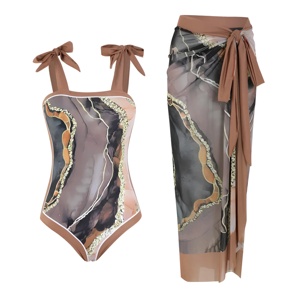 Floral print mesh tube top one-piece swimsuit with removable skirt in pink, black, or brown colour options