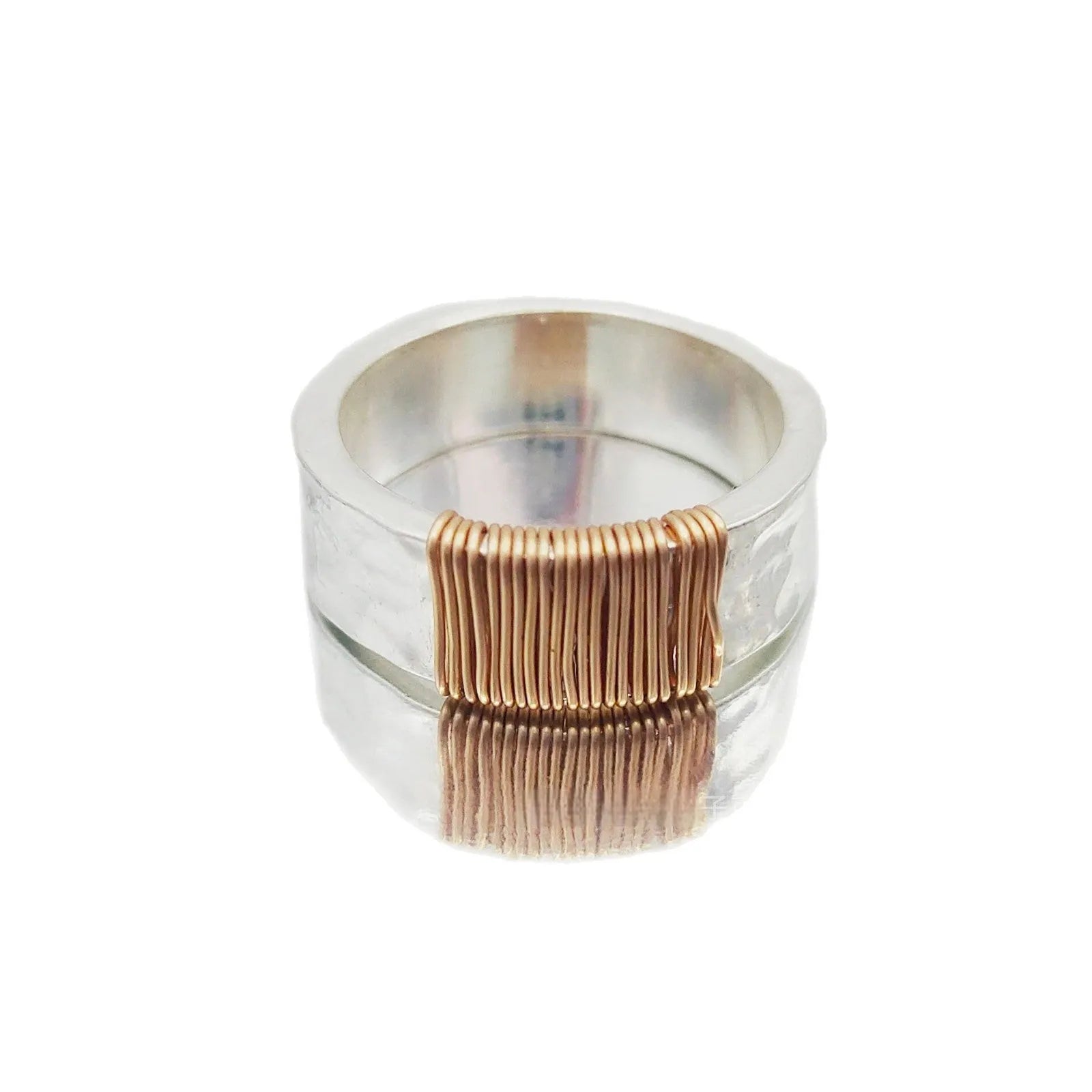 Geometric copper ring bracelet with irregular coil design in silver or gold electroplated finish