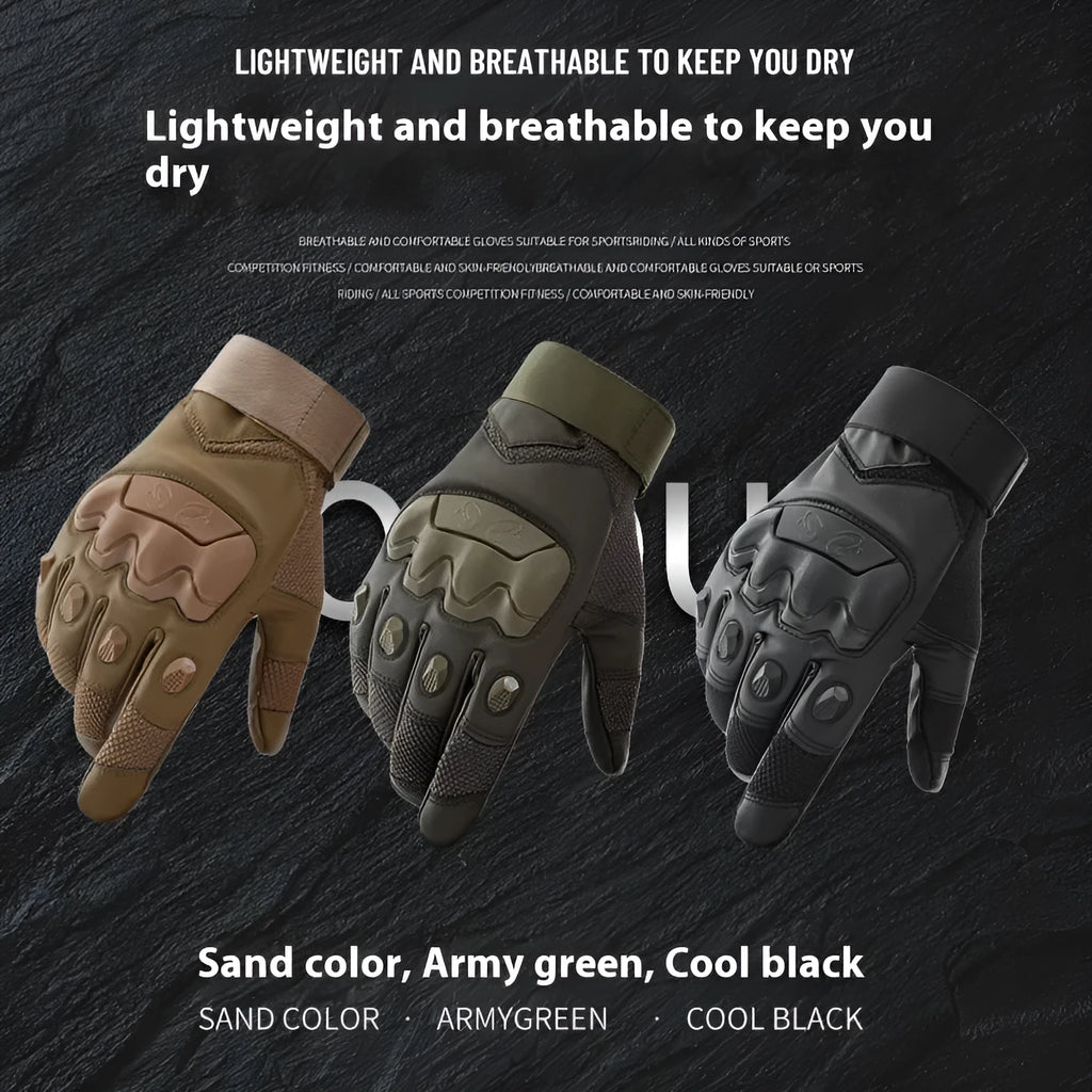 Men's black full finger tactical gloves with touch screen fingertips on a hand holding a phone.