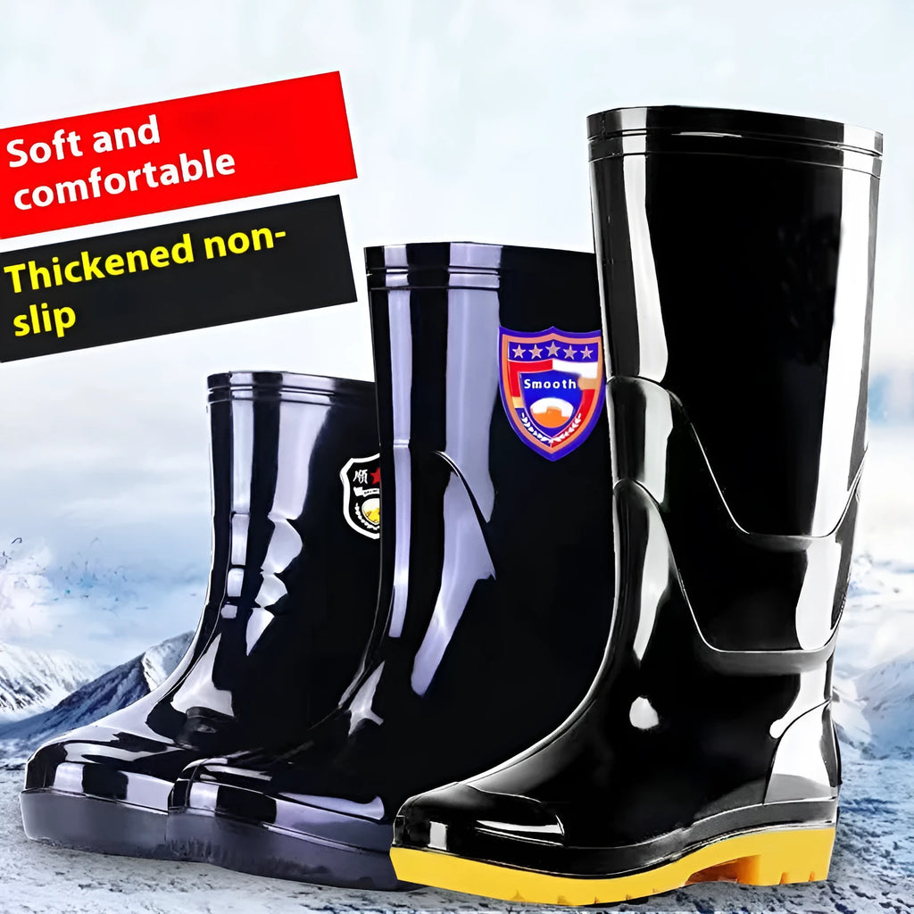 Men's black 20cm PVC rain boots with beef tendon sole, fleece lined, round toe, oversleeve style