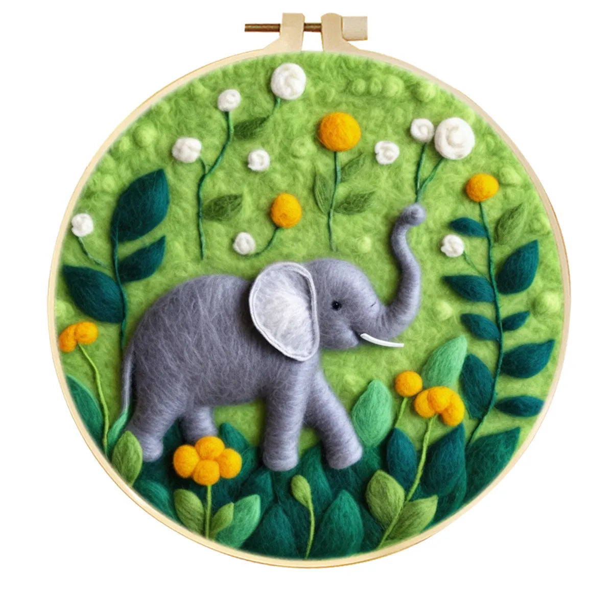 Round 20x20 cm linen embroidery kit with wool felt pieces for floral design and included embroidery frame.