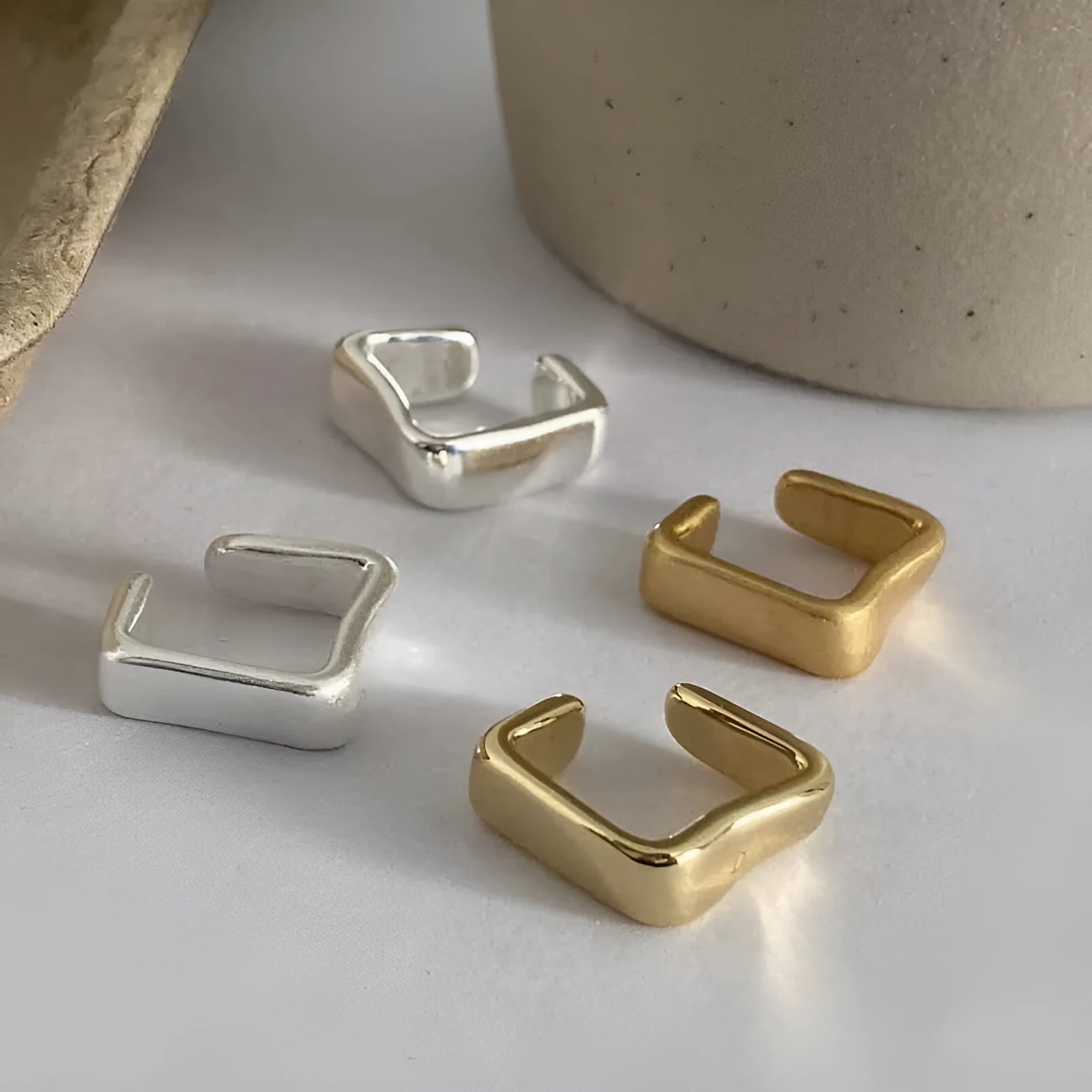 Geometric brass ear clip for women electroplated copper clip-on earring bright gold finish