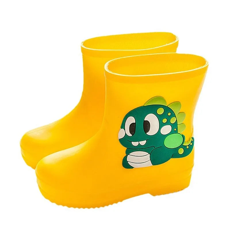 Children's cute waterproof PVC rain boots with cartoon dinosaur pattern in blue, pink, and yellow