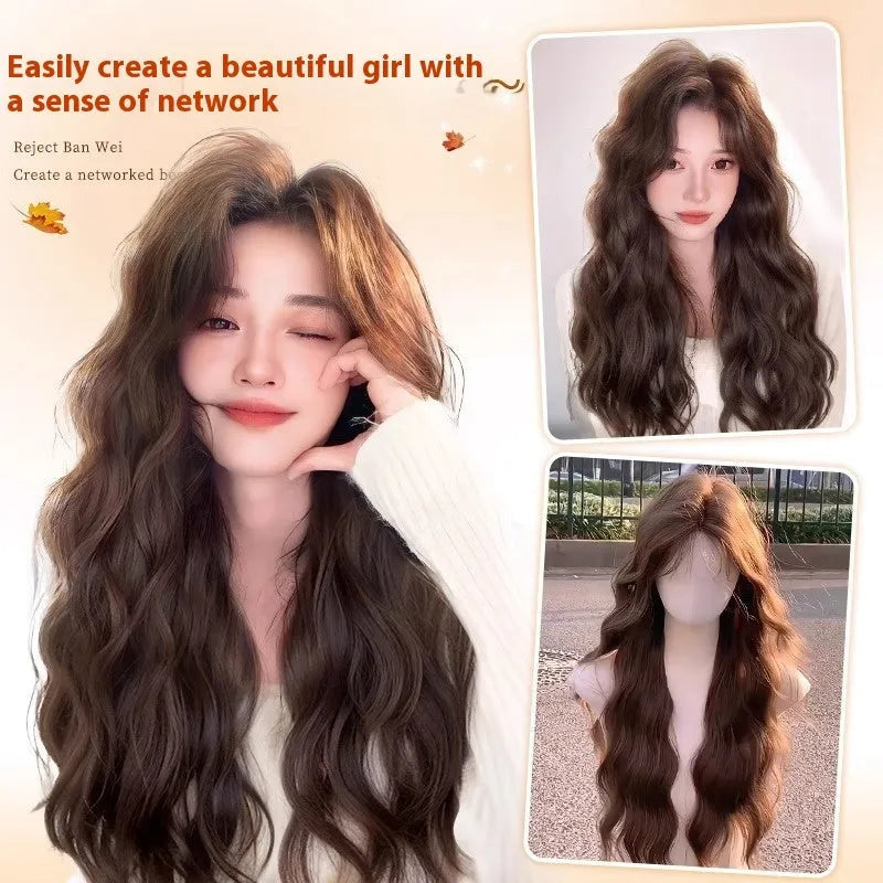 Women's long curly synthetic wig with side bangs in brown colour options