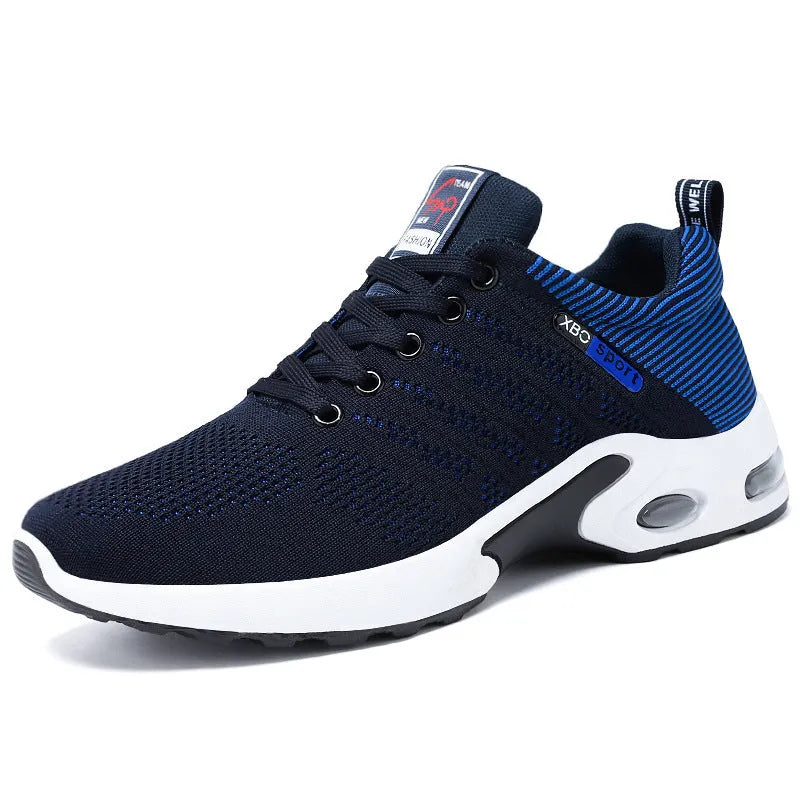 Men's breathable mesh lace-up running sneakers with striped design in black blue colour option