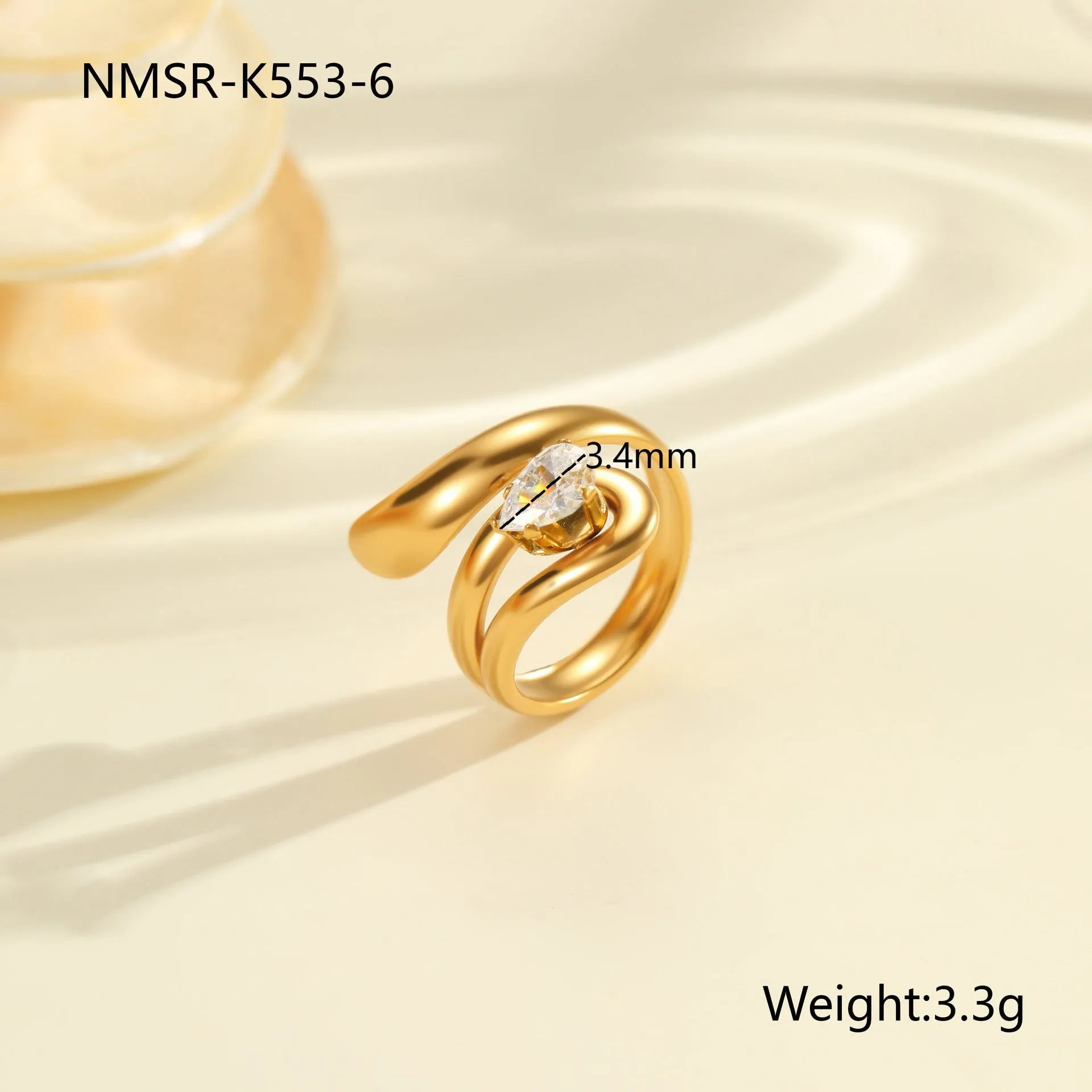 Geometric stainless steel zircon ring with open-mouth adjustable design on a hand.