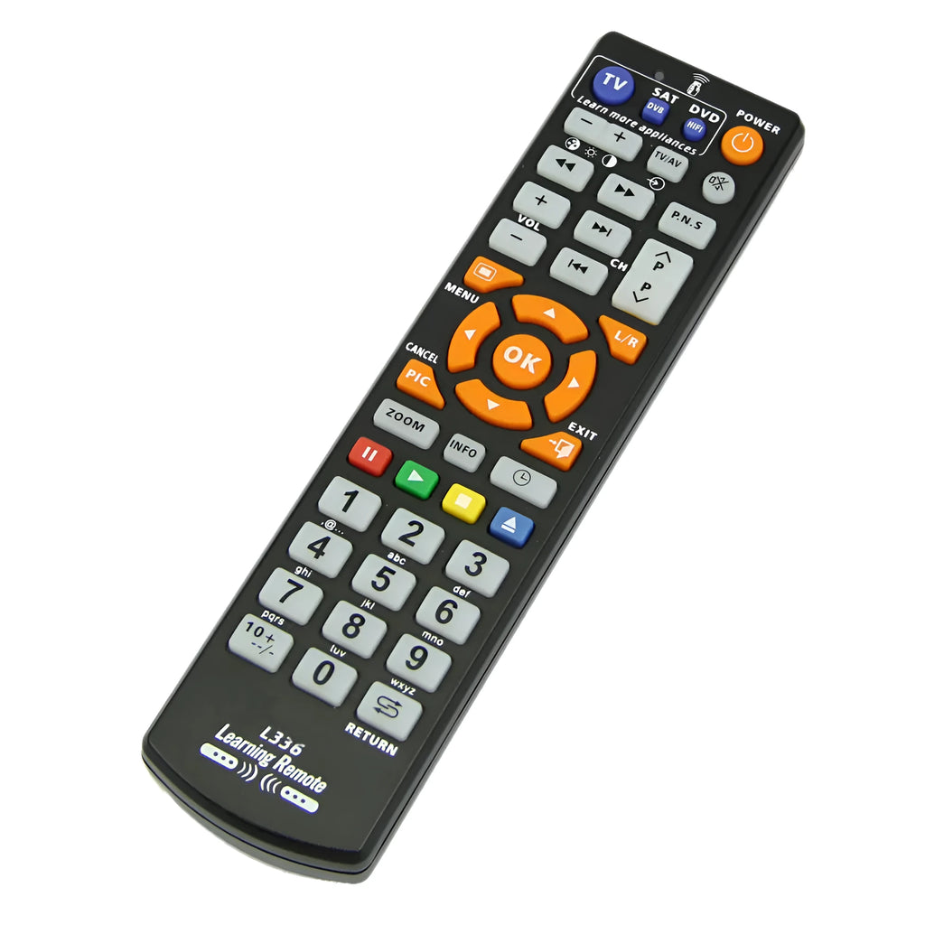 Black L336 learning remote control with full key layout for universal audio equipment programming