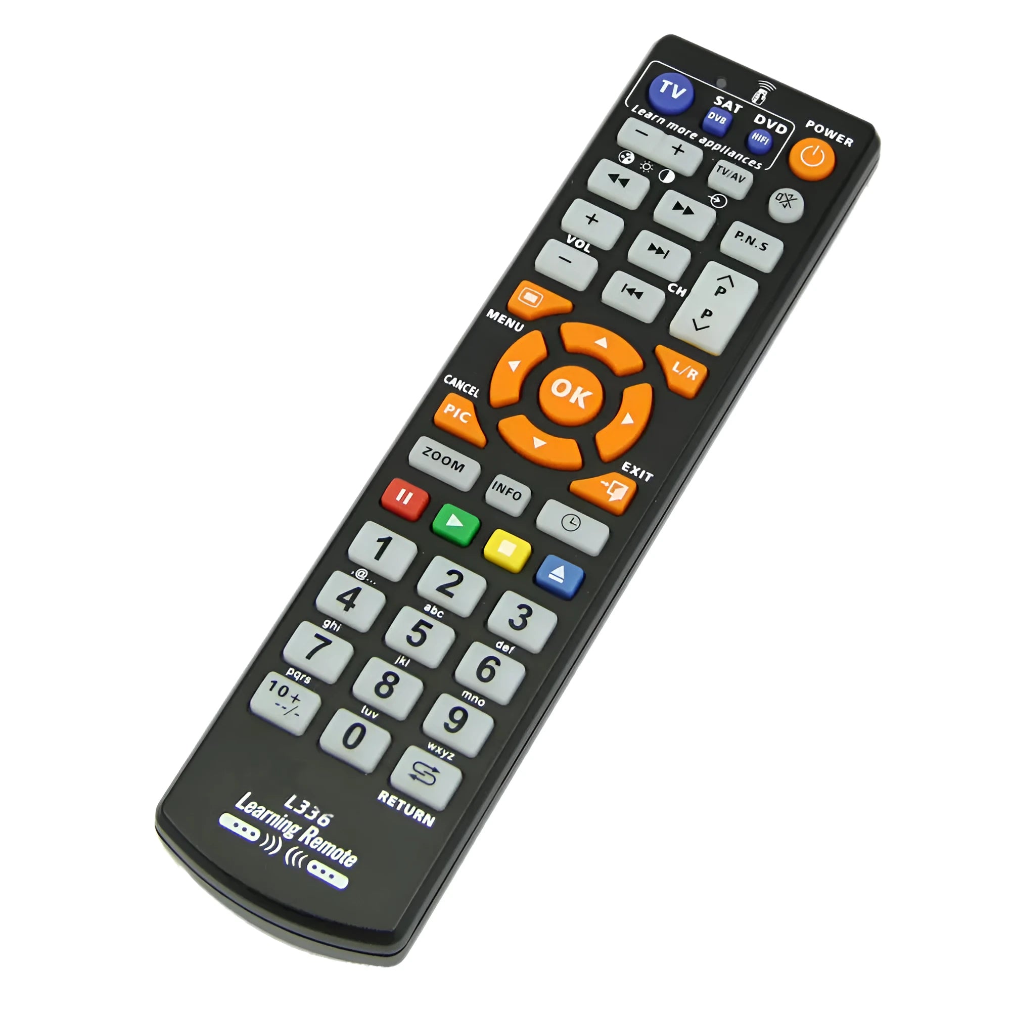 Black L336 learning remote control with full key layout for universal audio equipment programming