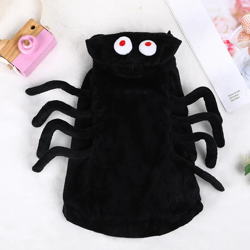Halloween dog costume with black spider pattern print on polyester fabric, sized S M L