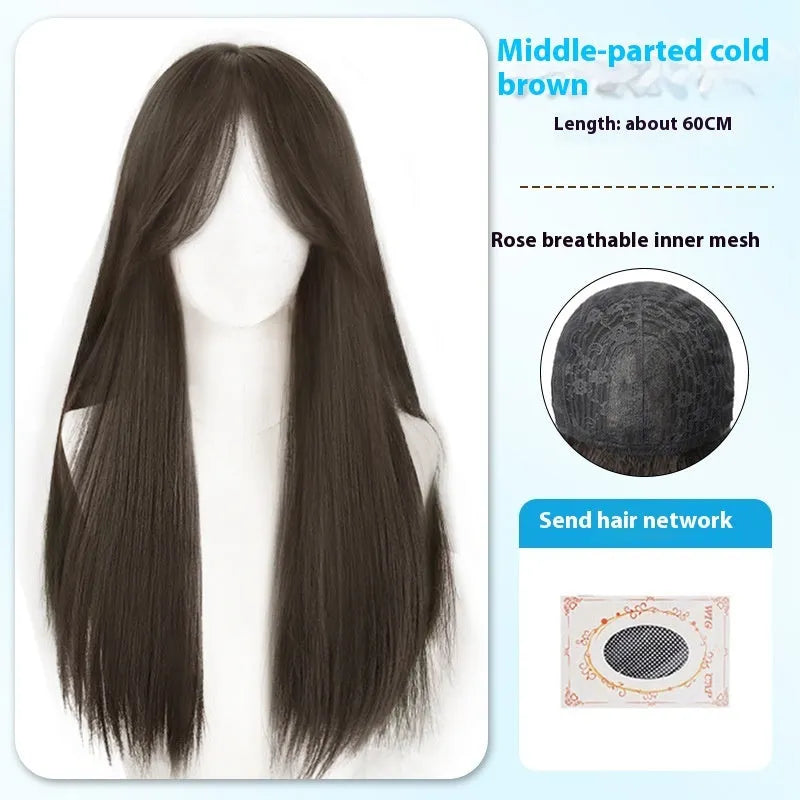 Black long straight synthetic wig with full bang fringe on mannequin head, showing brown-black colour option