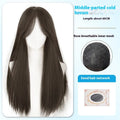 Black long straight synthetic wig with full bang fringe on mannequin head, showing brown-black colour option