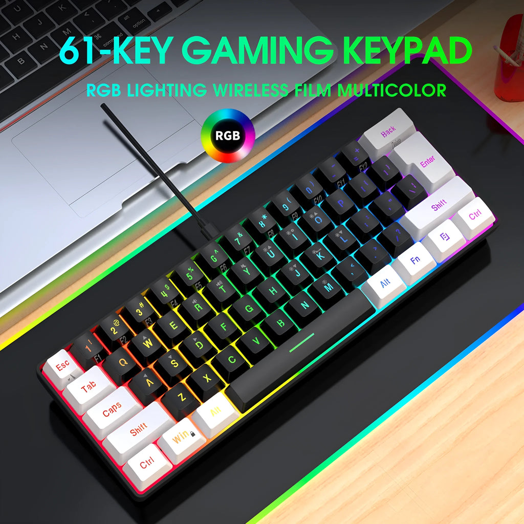 Simple wired white and black 61-key membrane keyboard with a USB cable on a desk