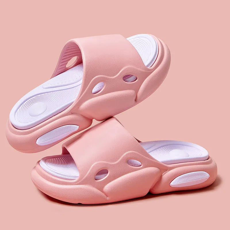 Women's two-colour thick-soled slippers in EVA with leather lining for indoor and beach use