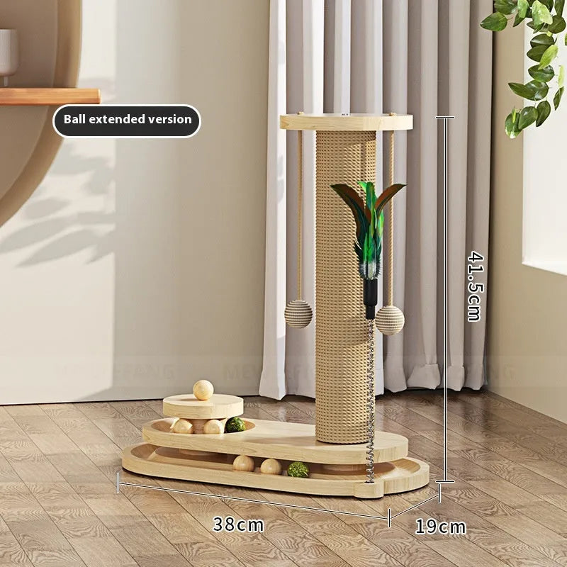 Solid wood cat scratching post with a central rotating turntable, shown in a natural wood finish.