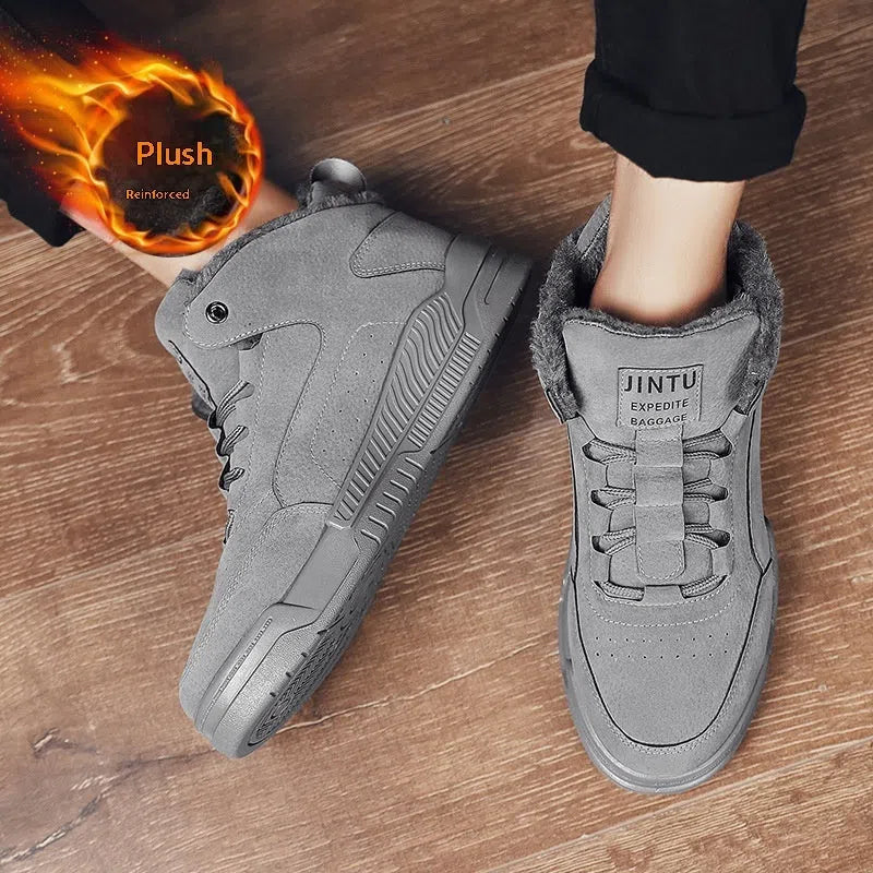 Winter warm men's suede snow boots in black, lace-up design, flat heel, outdoor walking footwear